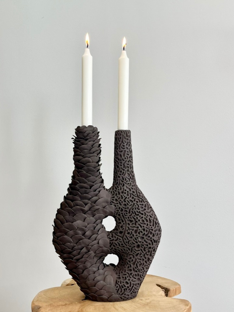 Bifröst candlestick pair, dark stoneware, hand-built sculptural form with layered surfaces — view 2