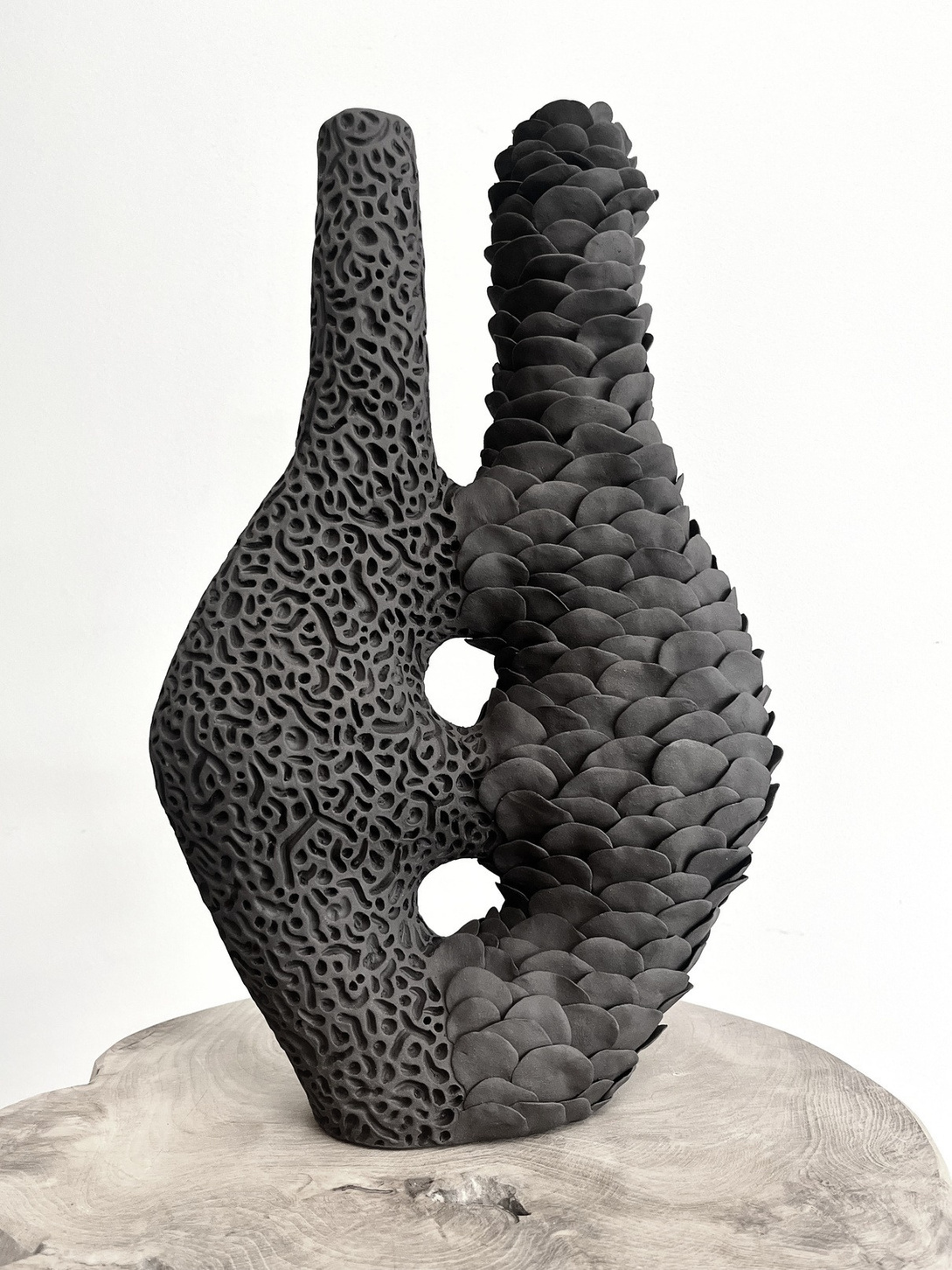 Bifröst candlestick pair, dark stoneware, hand-built sculptural form with layered surfaces — view 4