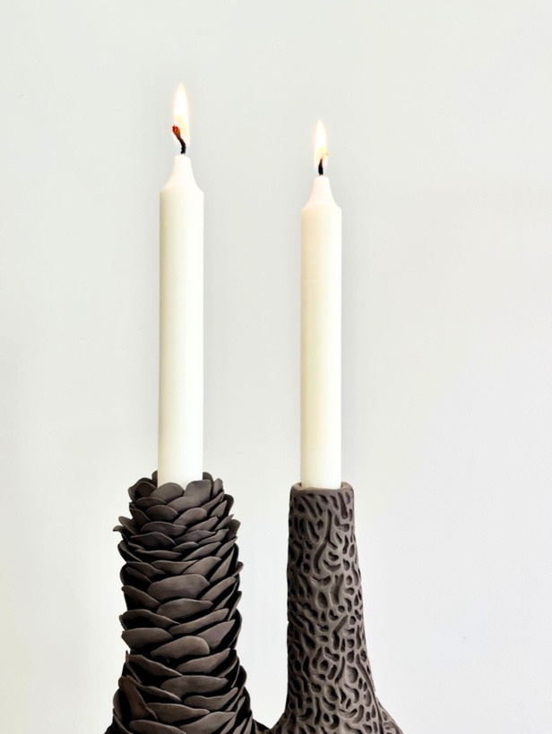 Bifröst candlestick pair, dark stoneware, hand-built sculptural form with layered surfaces