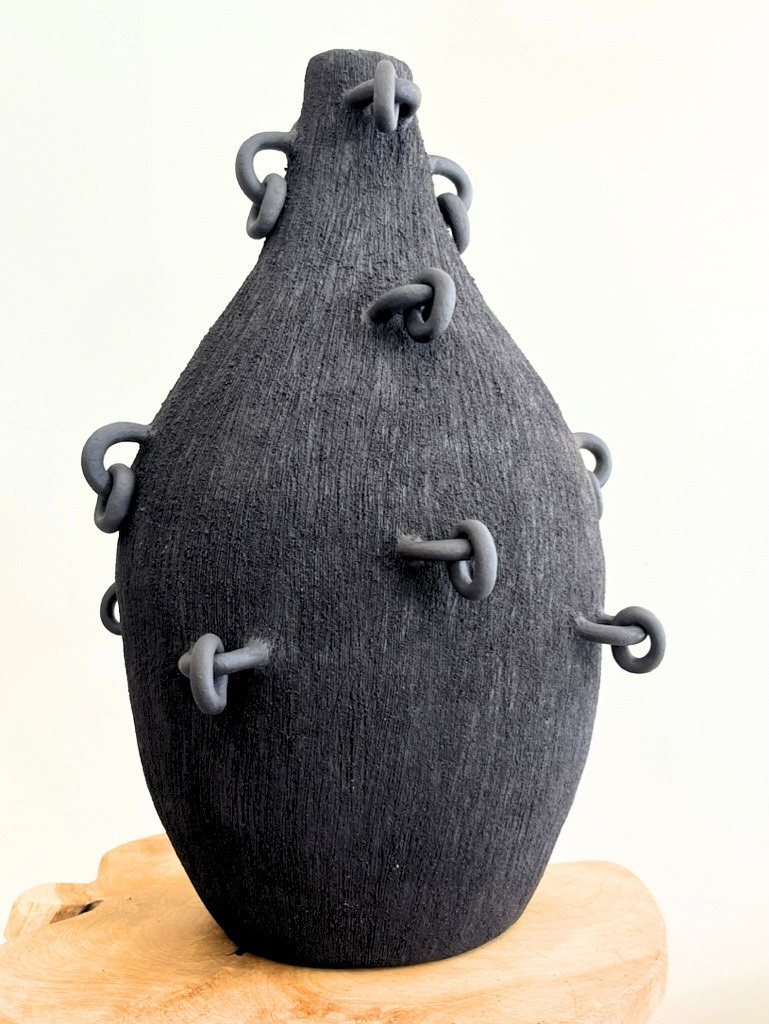 Midgard large stoneware vessel with scored surface and protruding clay rings at the shoulders — view 2